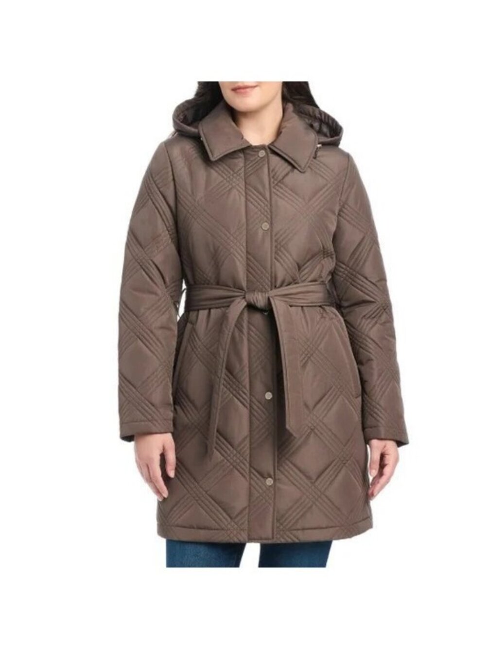 Jones New York Quilted Brown Belted Hooded Coat Womens Size Small